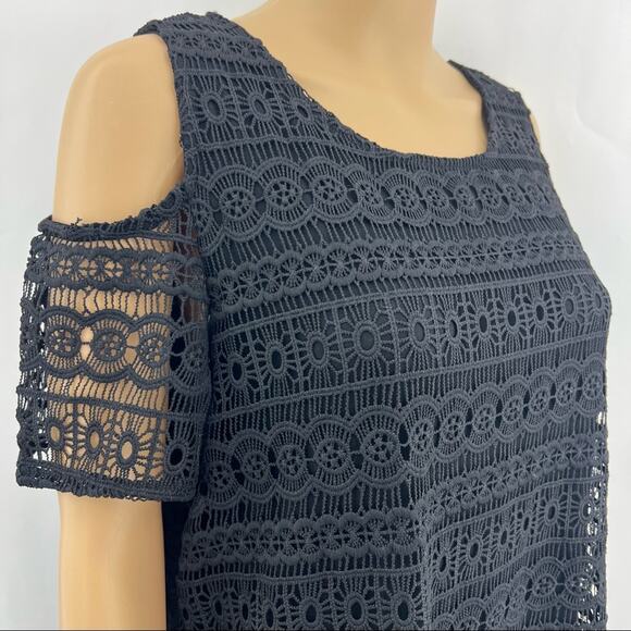 Design History LARGE Black Eyelet Lace Cold Shoulder Shift Midi Dress - Picture 2 of 5